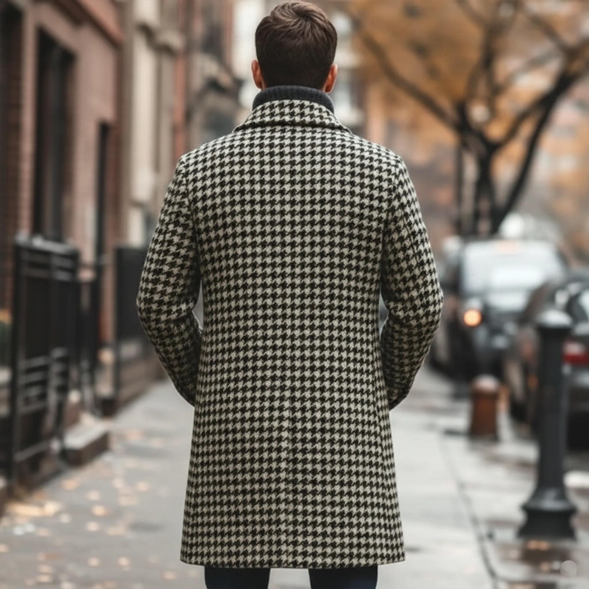 Men's Classic Retro Lapel Double-breasted Houndstooth Faux Wool Thigh-length Jacket MTA2479I0K sold by Manly product image thumbnail 5