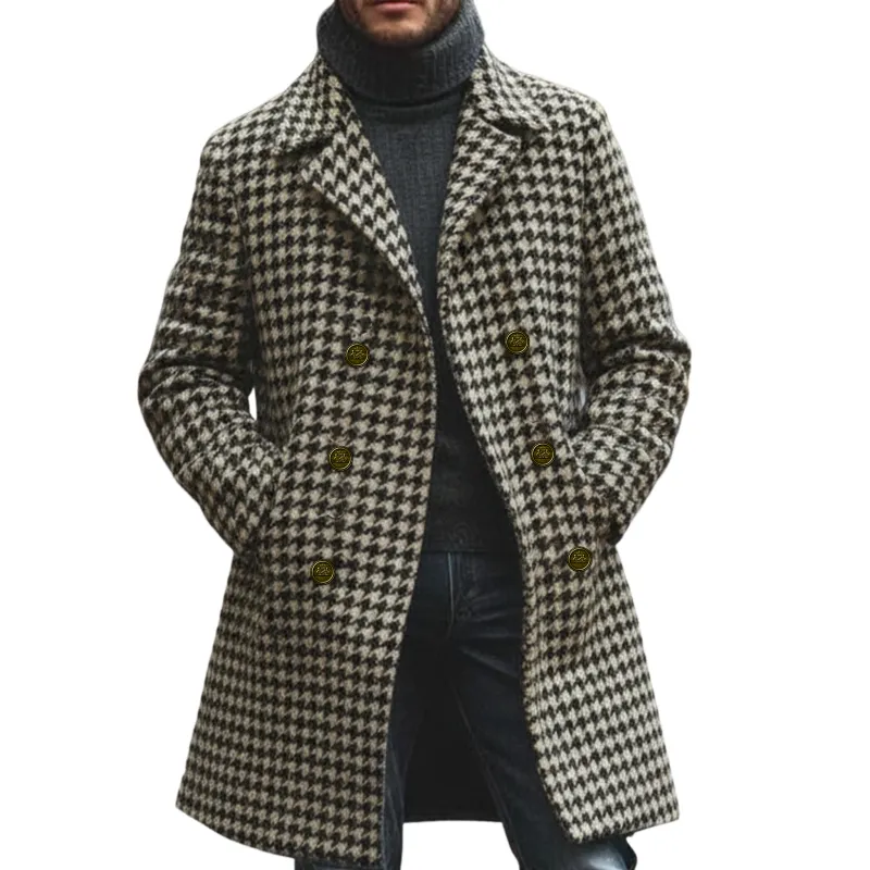 Men's Classic Retro Lapel Double-breasted Houndstooth Faux Wool Thigh-length Jacket MTA2479I0K sold by Manly