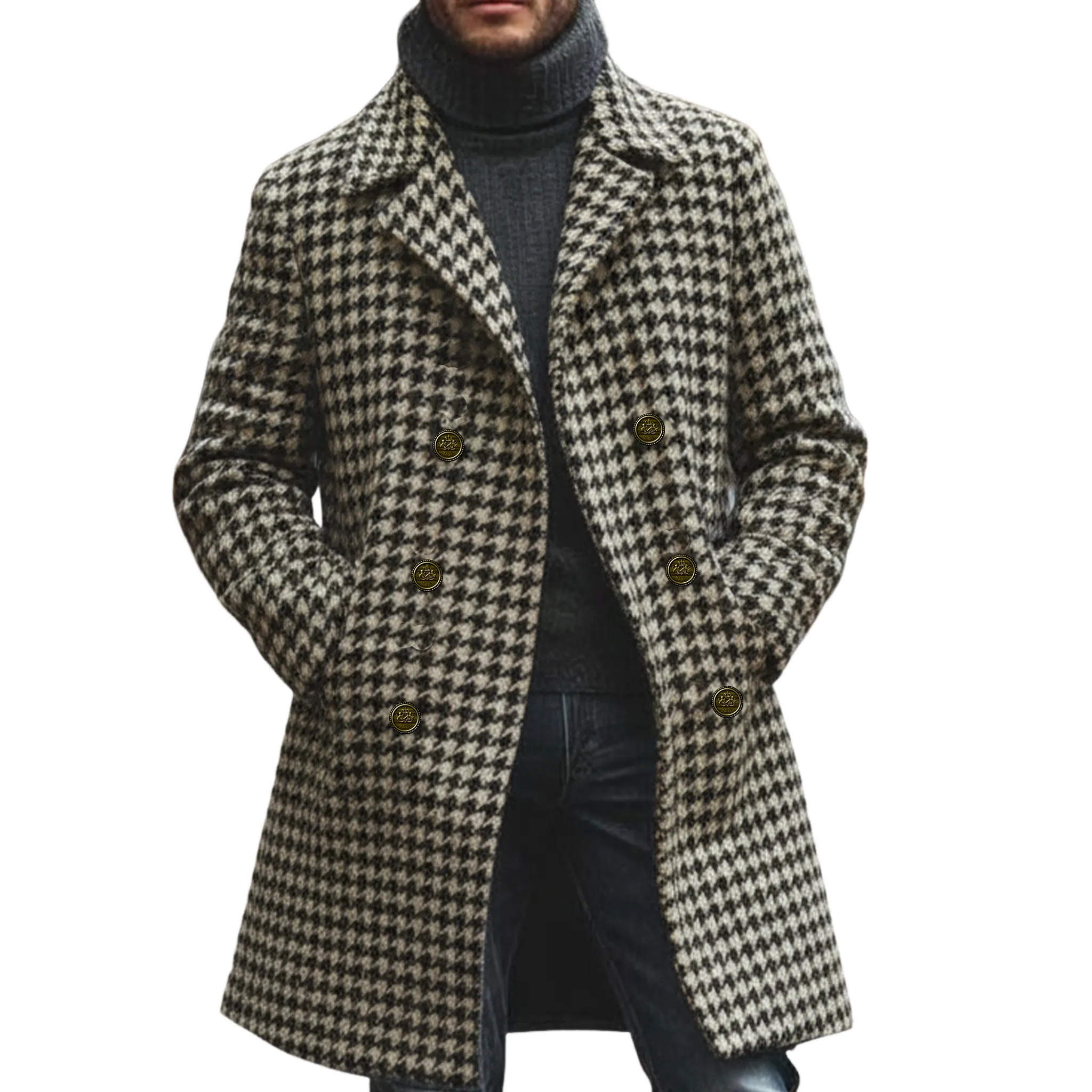 Men's Classic Retro Lapel Double-breasted Houndstooth Faux Wool Thigh-length Jacket MTA2479I0K sold by Manly