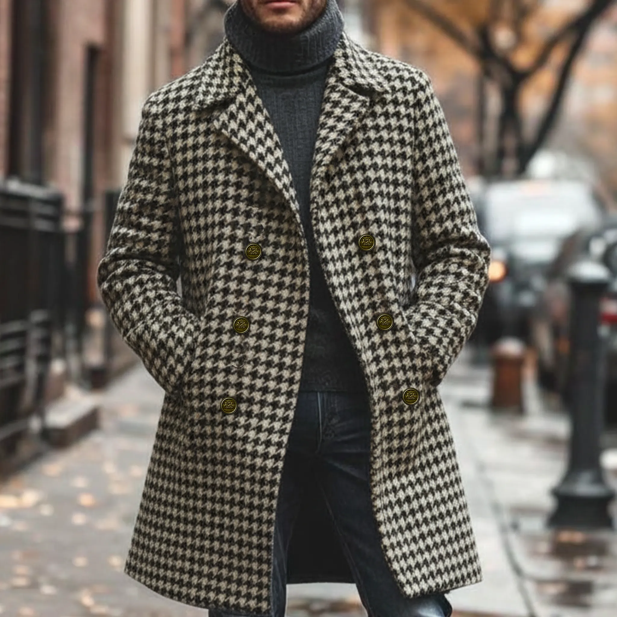 Men's Classic Retro Lapel Double-breasted Houndstooth Faux Wool Thigh-length Jacket MTA2479I0K sold by Manly product image thumbnail 2