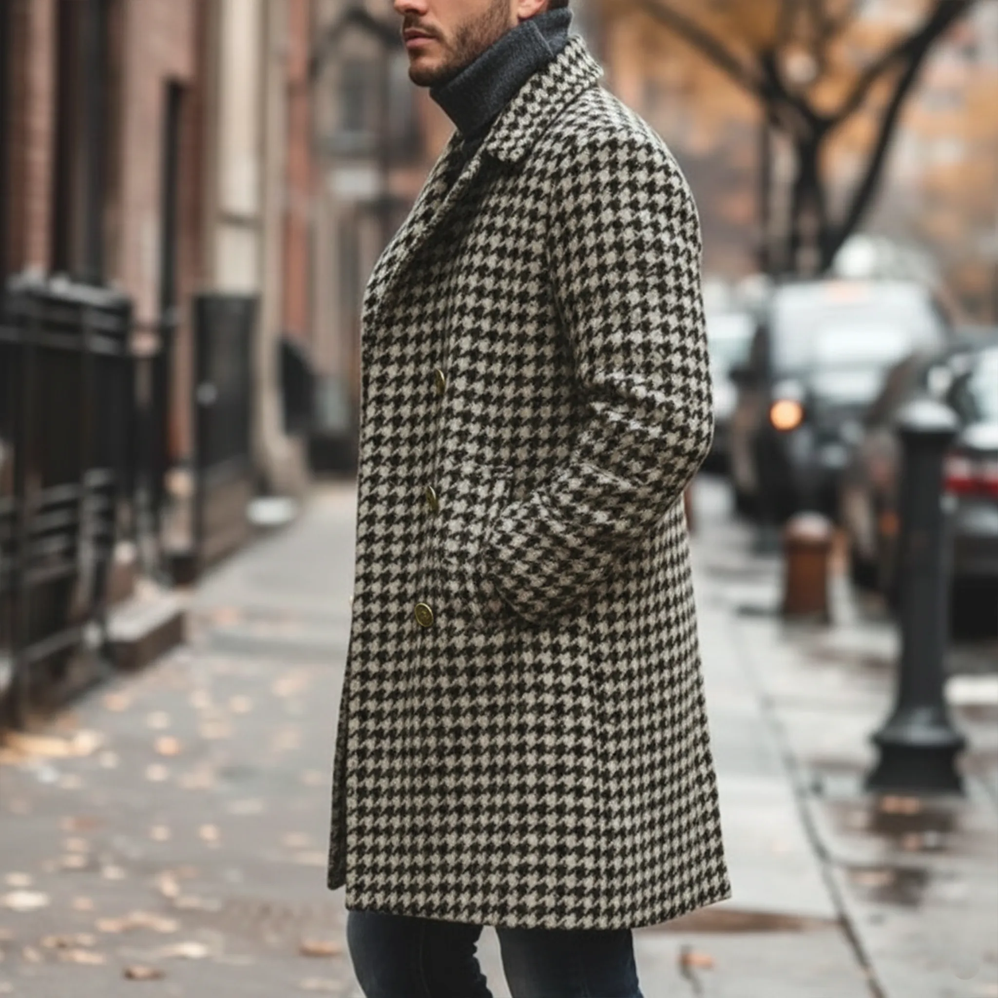 Men's Classic Retro Lapel Double-breasted Houndstooth Faux Wool Thigh-length Jacket MTA2479I0K sold by Manly product image thumbnail 4