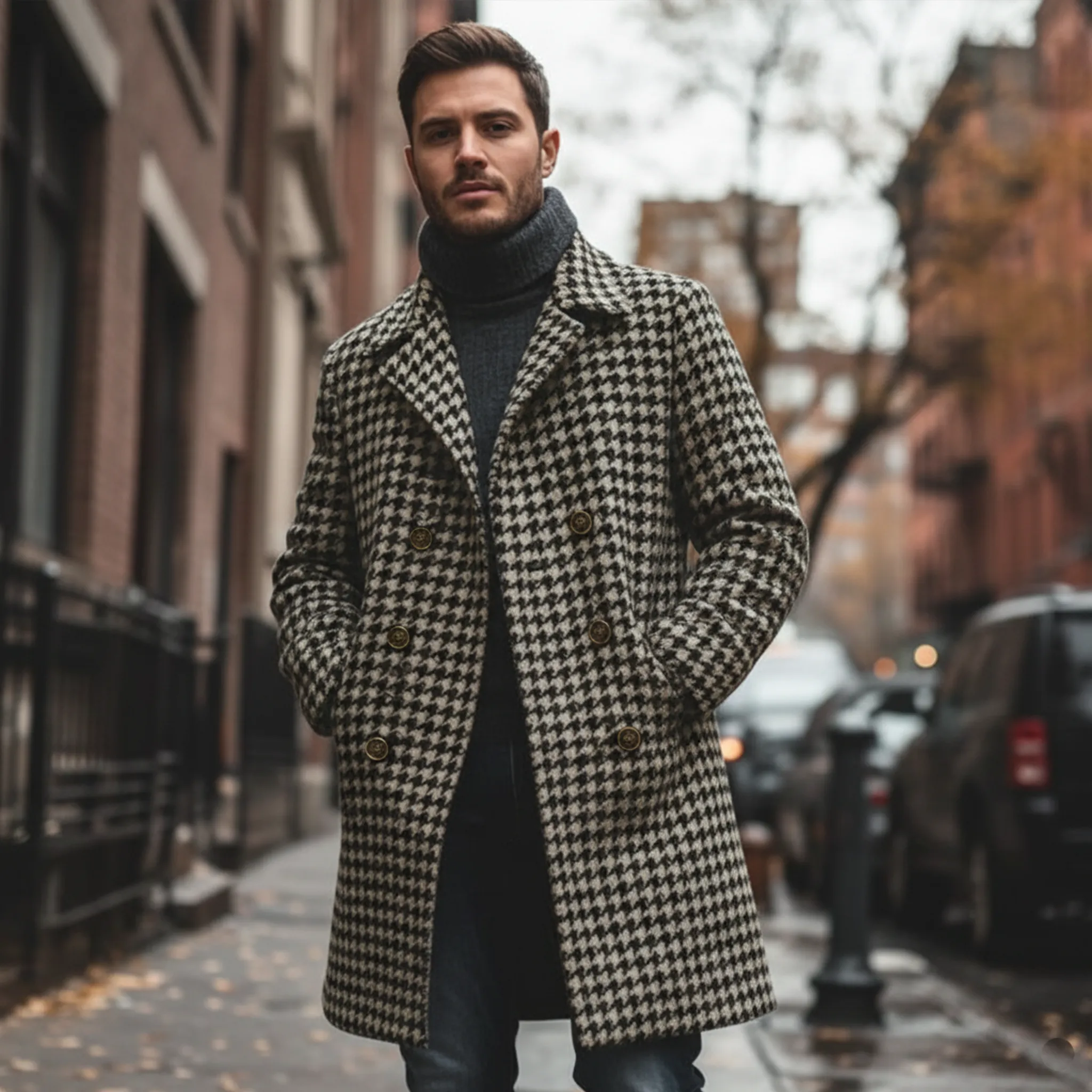 Men's Classic Retro Lapel Double-breasted Houndstooth Faux Wool Thigh-length Jacket MTA2479I0K sold by Manly product image thumbnail 3