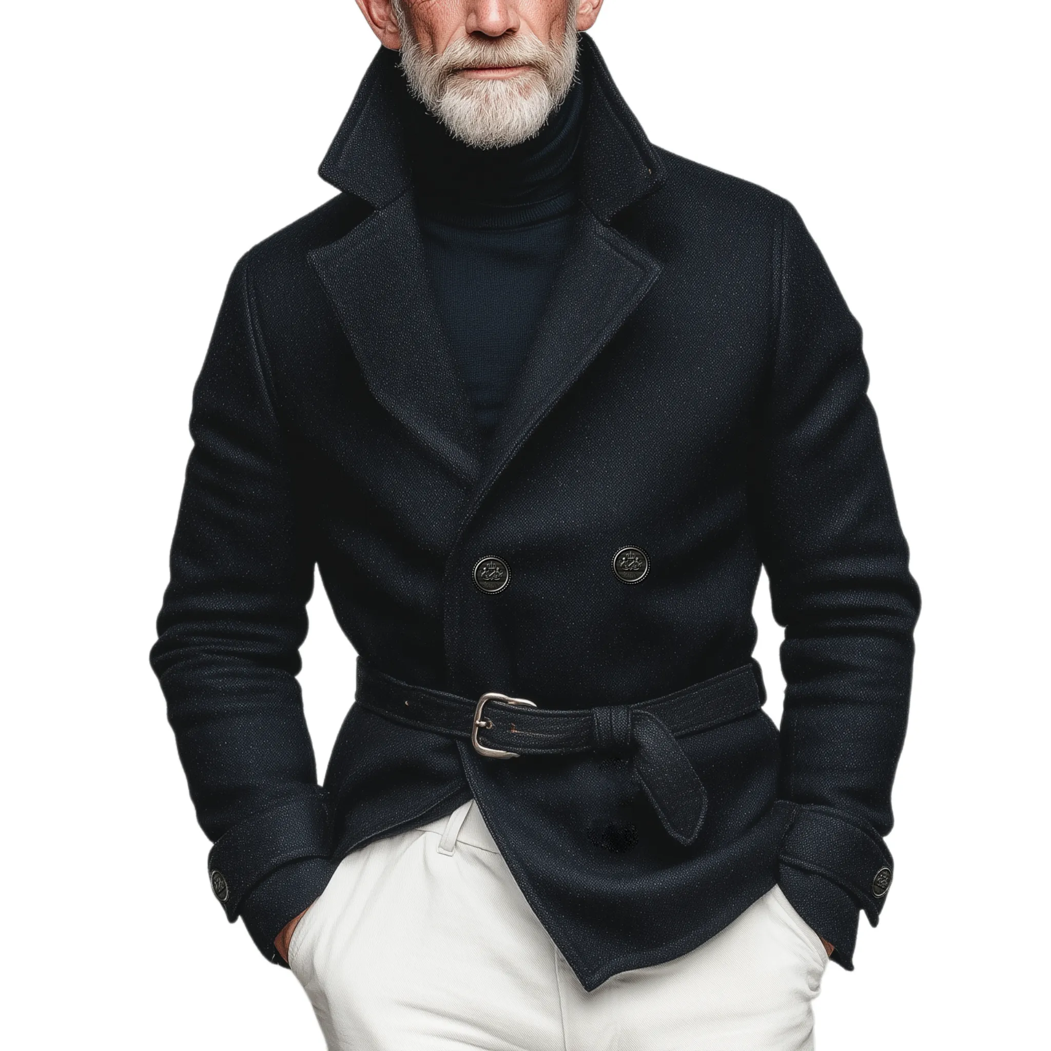 Men's Classic Vintage Double-breasted Lapel Faux Wool Coat (including Belt) MTA2486I1K sold by Manly