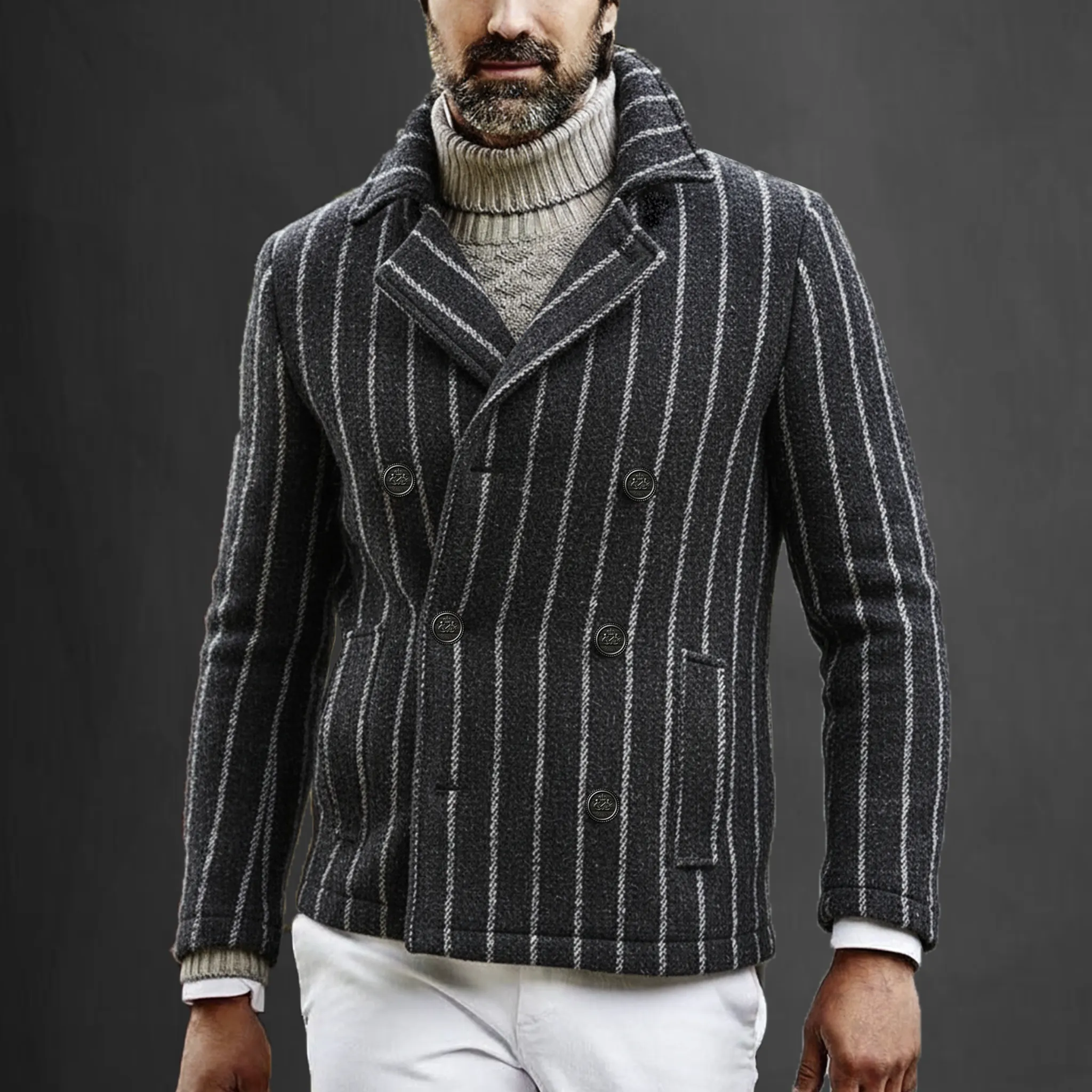 Men's Classic Retro Lapel Vertical Striped Fuax Wool Double-breasted Jacket MTA2419I0K sold by Manly product image thumbnail 2