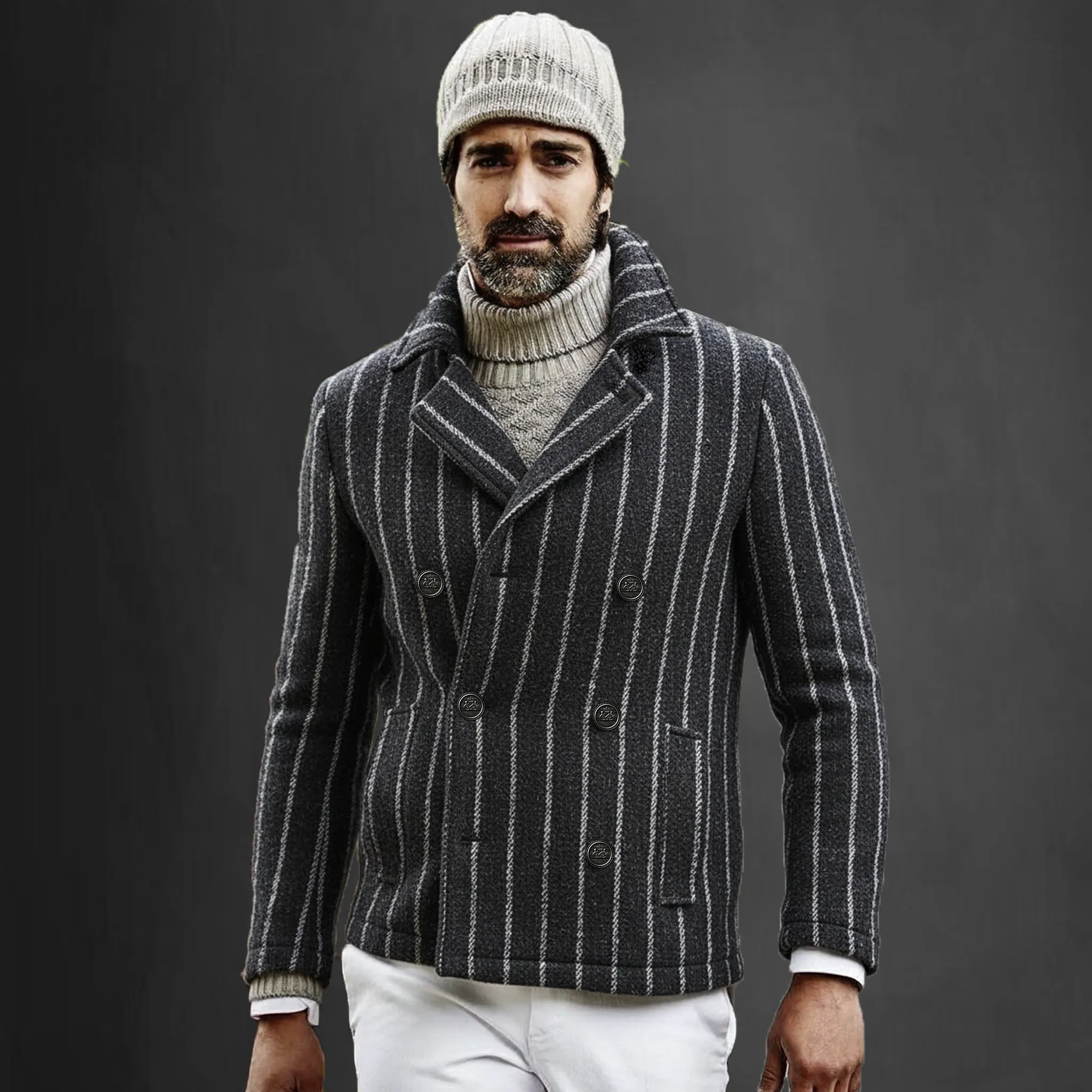 Men's Classic Retro Lapel Vertical Striped Fuax Wool Double-breasted Jacket MTA2419I0K sold by Manly product image thumbnail 3