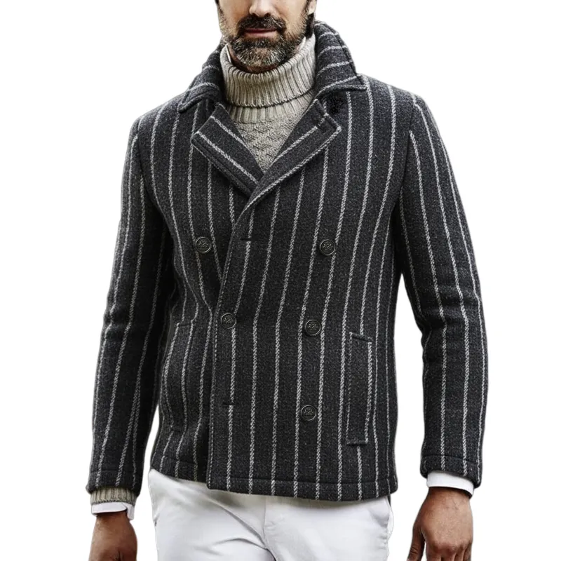 Men's Classic Retro Lapel Vertical Striped Fuax Wool Double-breasted Jacket MTA2419I0K sold by Manly