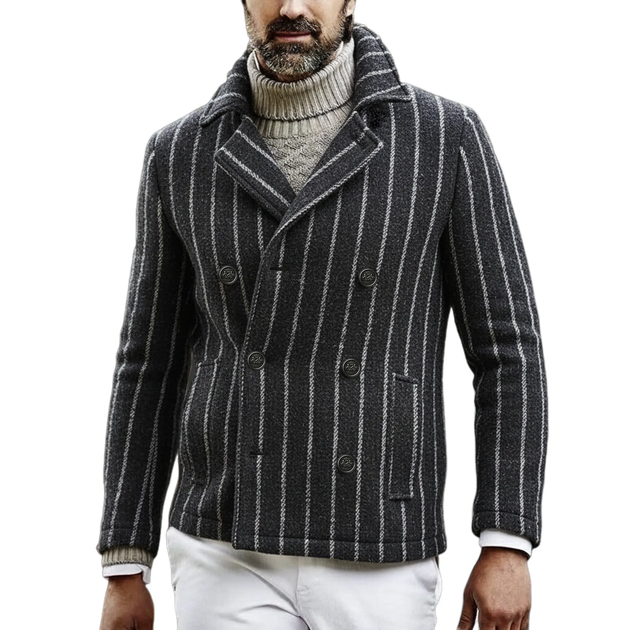 Men's Classic Retro Lapel Vertical Striped Fuax Wool Double-breasted Jacket MTA2419I0K sold by Manly