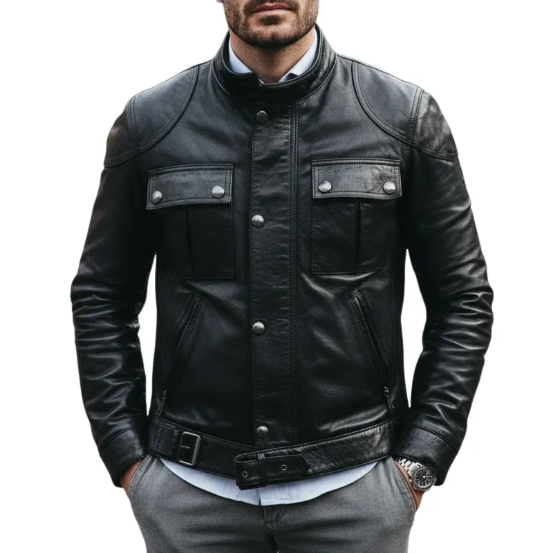Men's Classic Stand Collar PU Leather Motorcycle Jacket MTA2446I6U sold by Manly