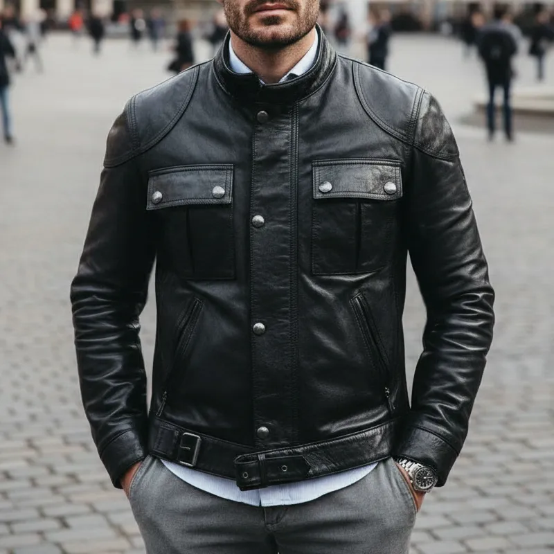 Men's Classic Stand Collar PU Leather Motorcycle Jacket MTA2446I6U sold by Manly product image thumbnail 2