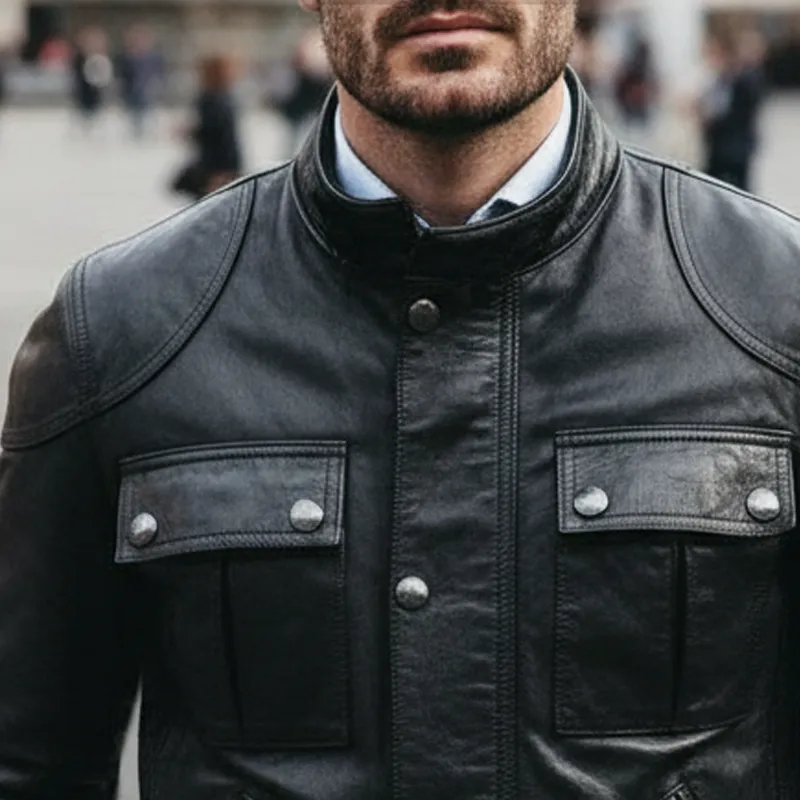 Men's Classic Stand Collar PU Leather Motorcycle Jacket MTA2446I6U sold by Manly product image thumbnail 4