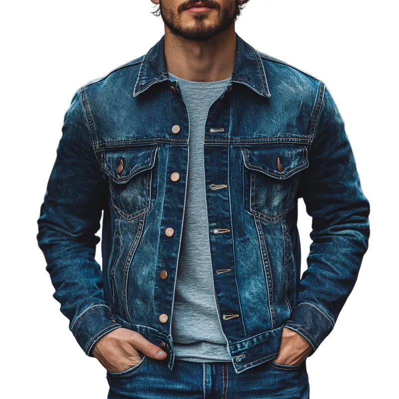 Men's Vintage Washed Lapel Western Style Denim Jacket MTA2353I2X sold by Manly