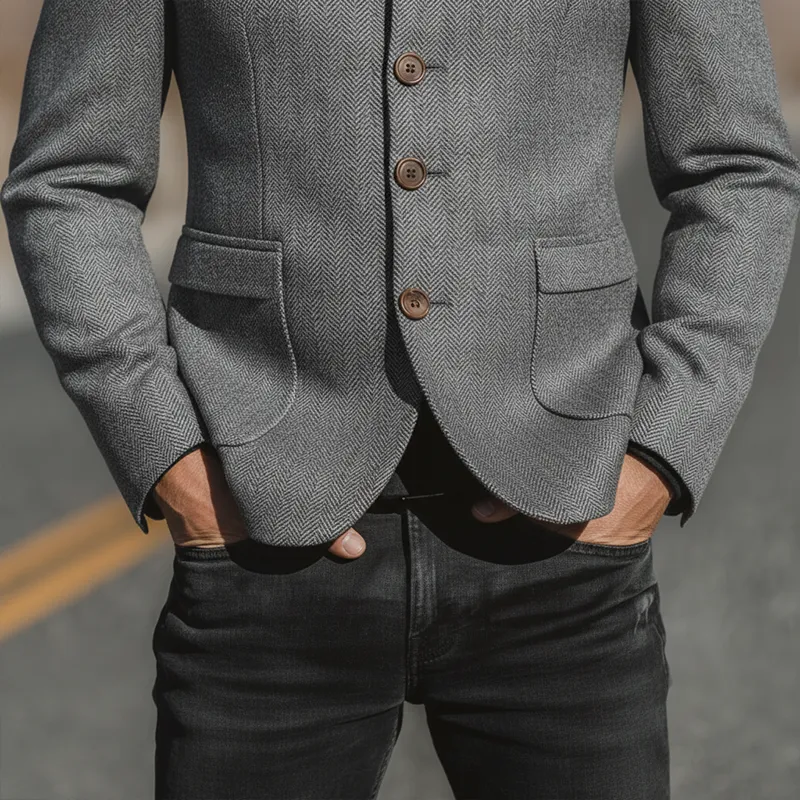 Men's Winter Fashionable Herringbone Faux Wool Stand Collar Jacket MTA2471I5P sold by Manly product image thumbnail 5