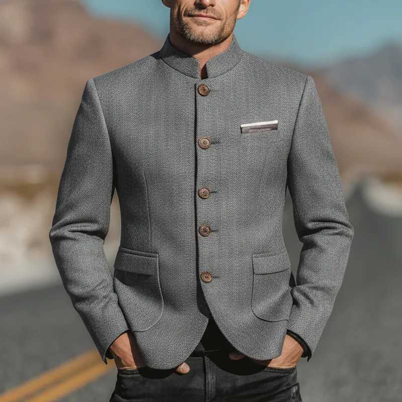 Men's Winter Fashionable Herringbone Faux Wool Stand Collar Jacket MTA2471I5P sold by Manly product image thumbnail 2