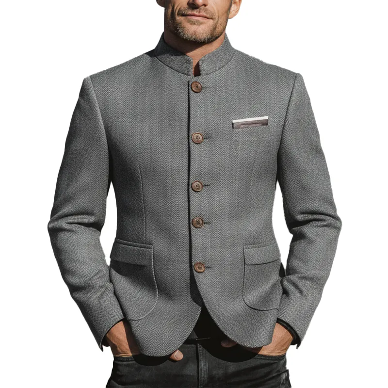 Men's Winter Fashionable Herringbone Faux Wool Stand Collar Jacket MTA2471I5P sold by Manly