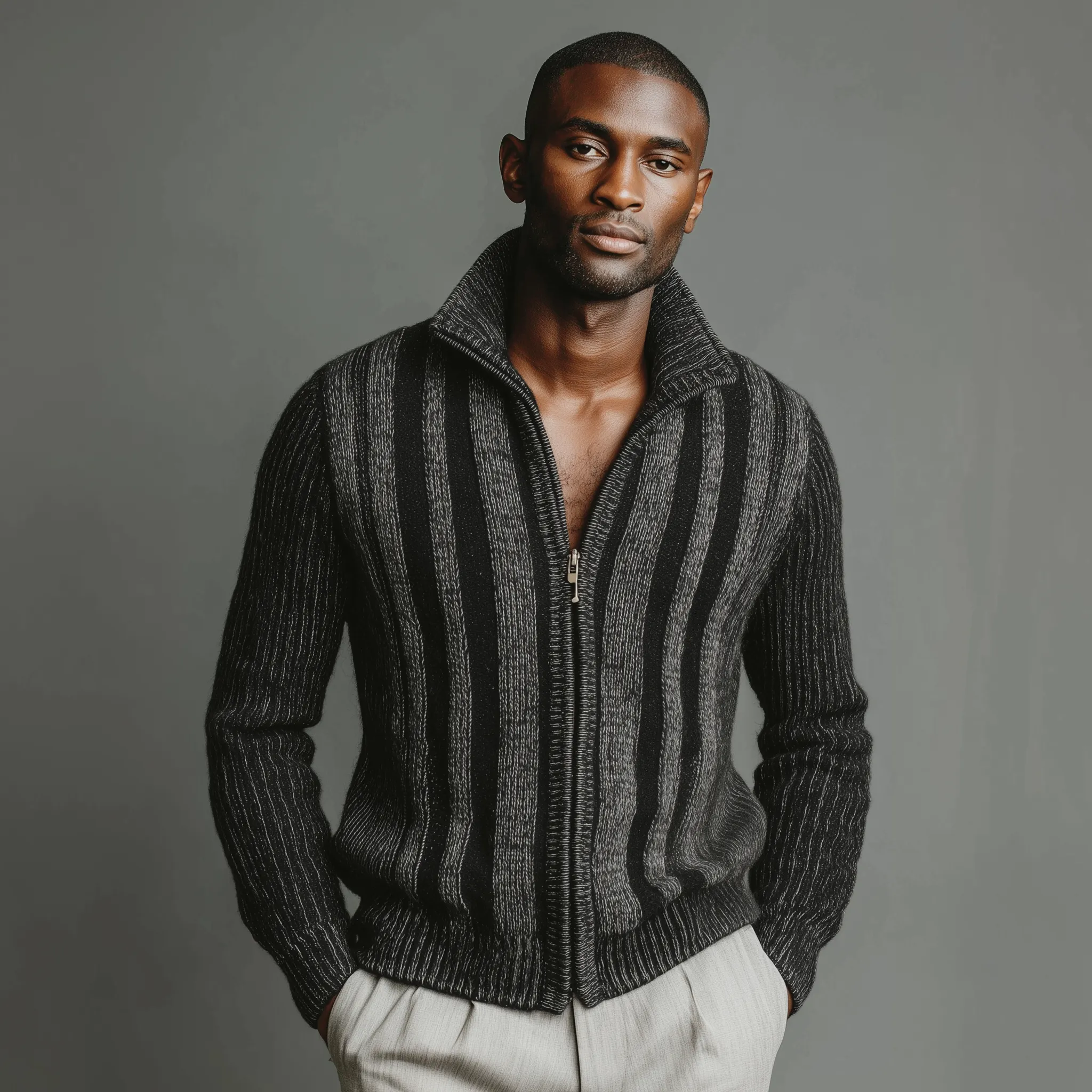 Men's Classic Retro Vertical Striped Stand Collar Zipper Knitted Cardigan MTA2367I5K sold by Manly product image thumbnail 3