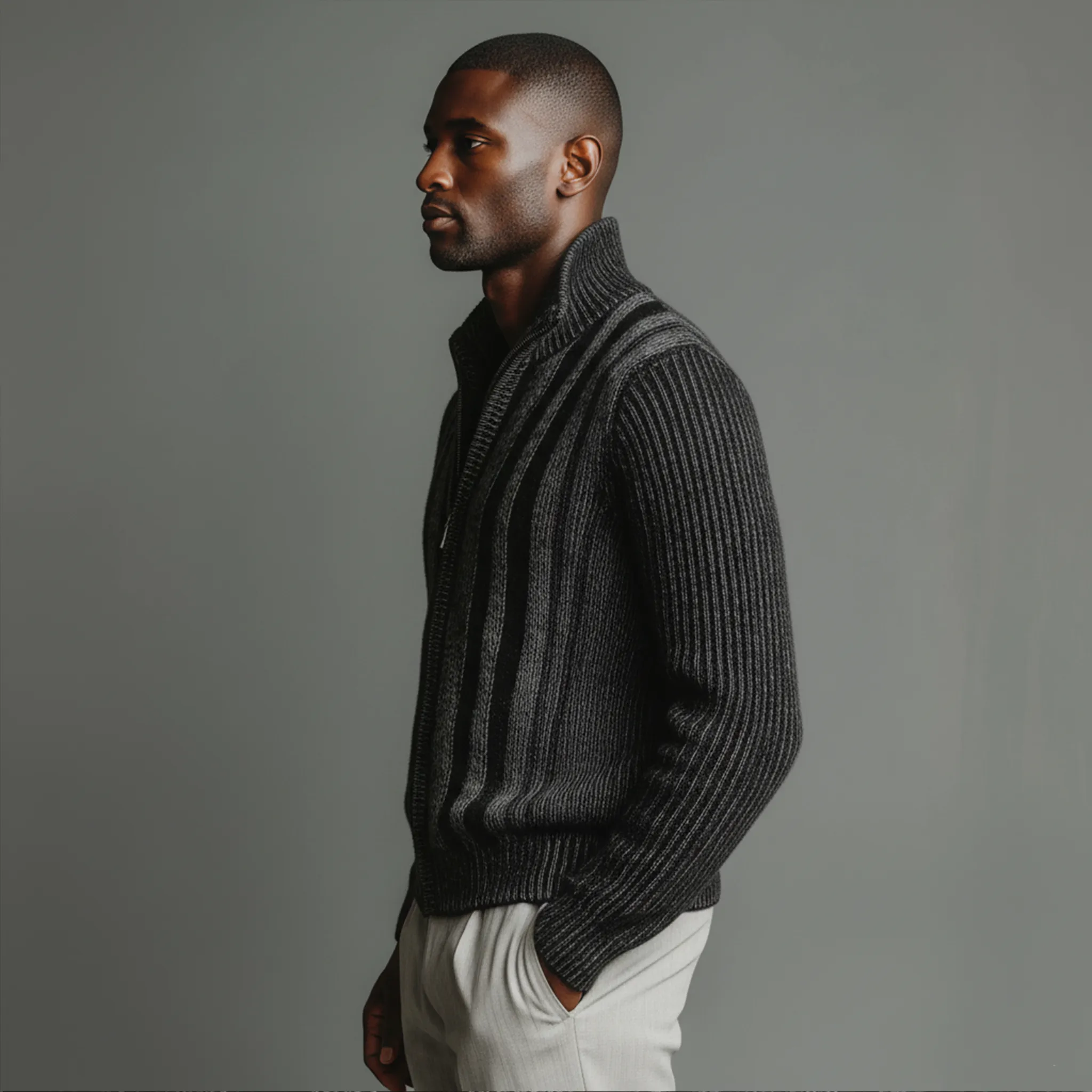 Men's Classic Retro Vertical Striped Stand Collar Zipper Knitted Cardigan MTA2367I5K sold by Manly product image thumbnail 4