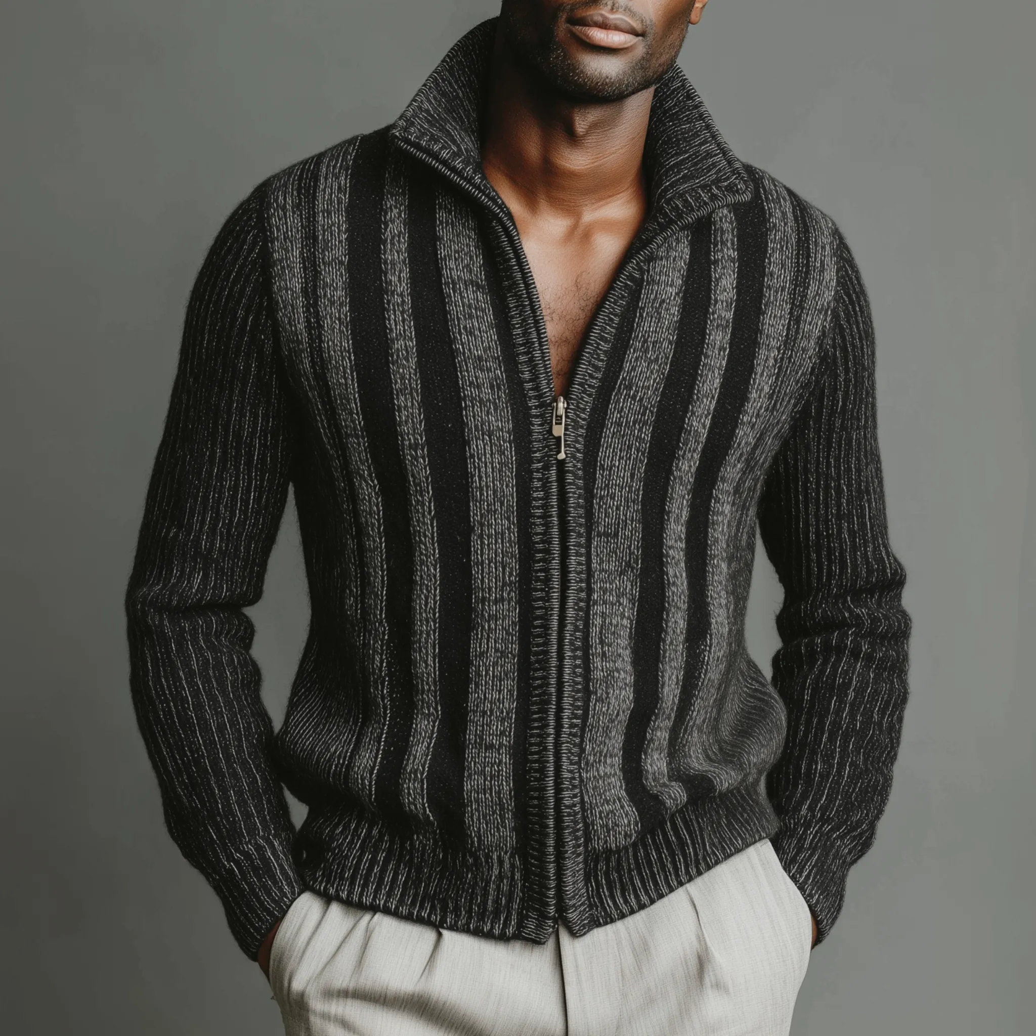 Men's Classic Retro Vertical Striped Stand Collar Zipper Knitted Cardigan MTA2367I5K sold by Manly product image thumbnail 2