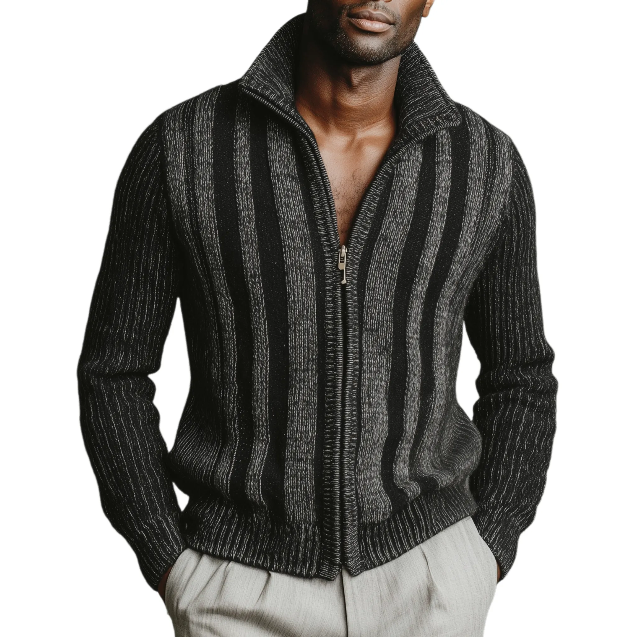 Men's Classic Retro Vertical Striped Stand Collar Zipper Knitted Cardigan MTA2367I5K sold by Manly