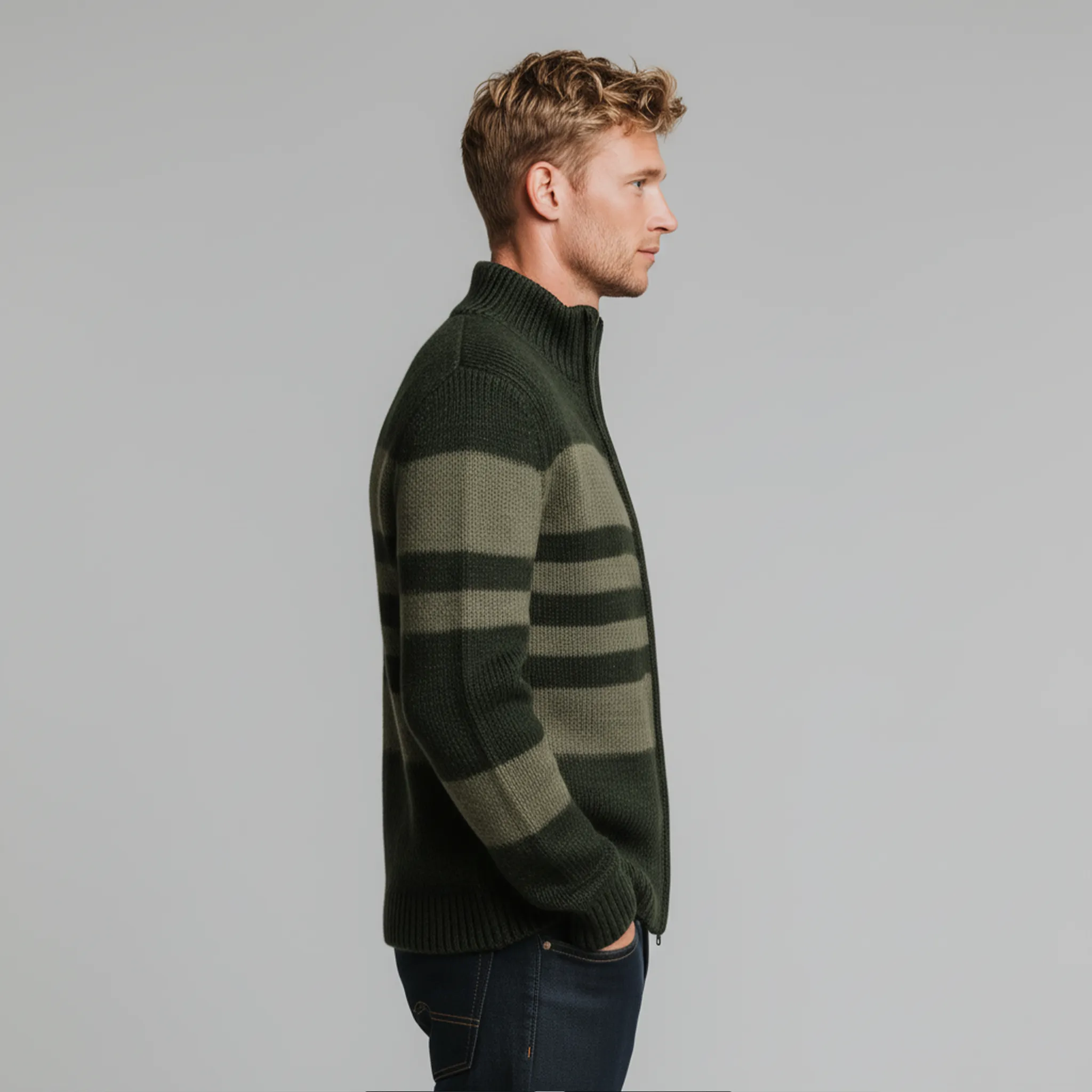 Men's Classic Retro Striped Stand Collar Zipper Knitted Cardigan MTA2351I2K sold by Manly product image thumbnail 5