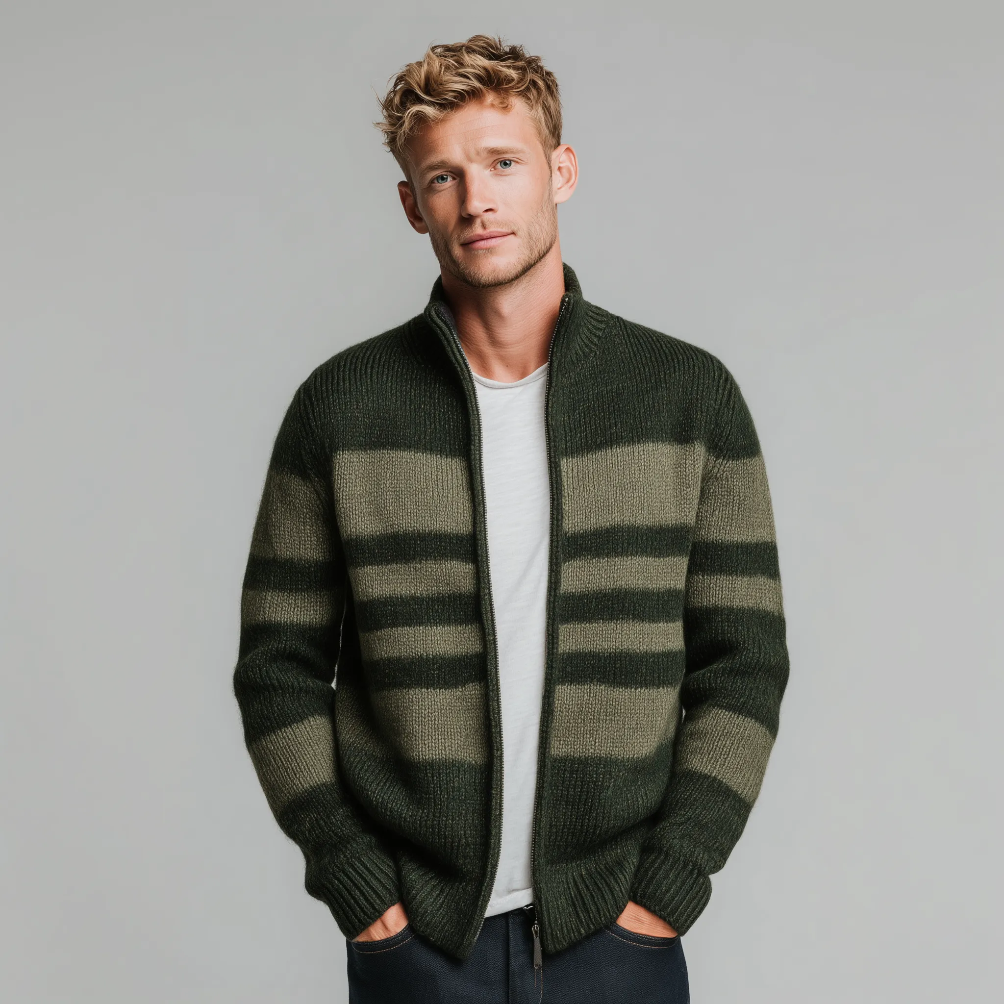 Men's Classic Retro Striped Stand Collar Zipper Knitted Cardigan MTA2351I2K sold by Manly product image thumbnail 3