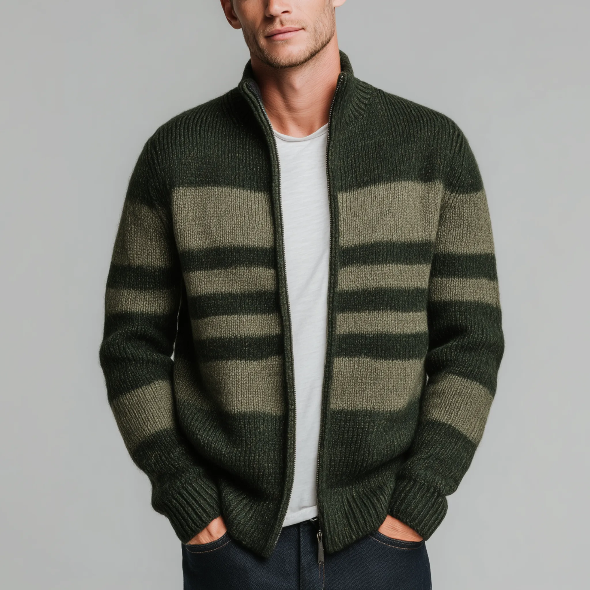 Men's Classic Retro Striped Stand Collar Zipper Knitted Cardigan MTA2351I2K sold by Manly product image thumbnail 2