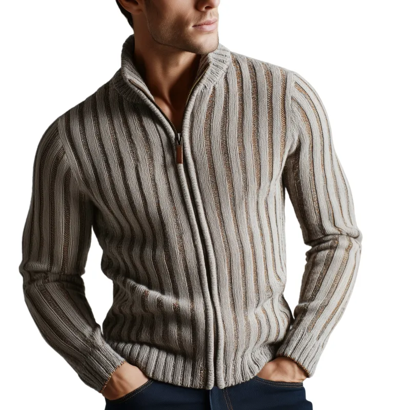 Men's Classic Retro Striped Jacquard Stand Collar Knitted Cardigan MTA2377I4K sold by Manly