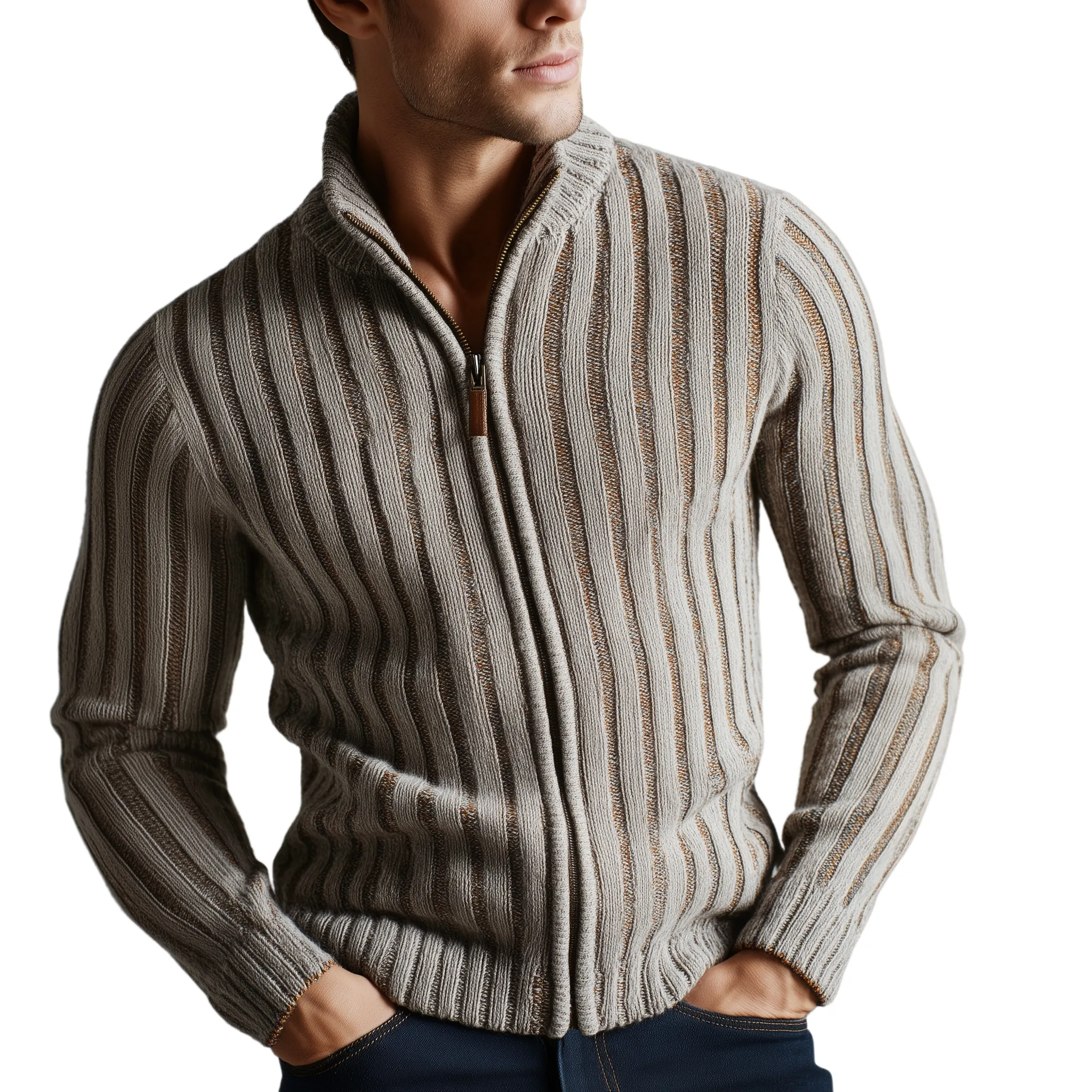Men's Classic Retro Striped Jacquard Stand Collar Knitted Cardigan MTA2377I4K sold by Manly