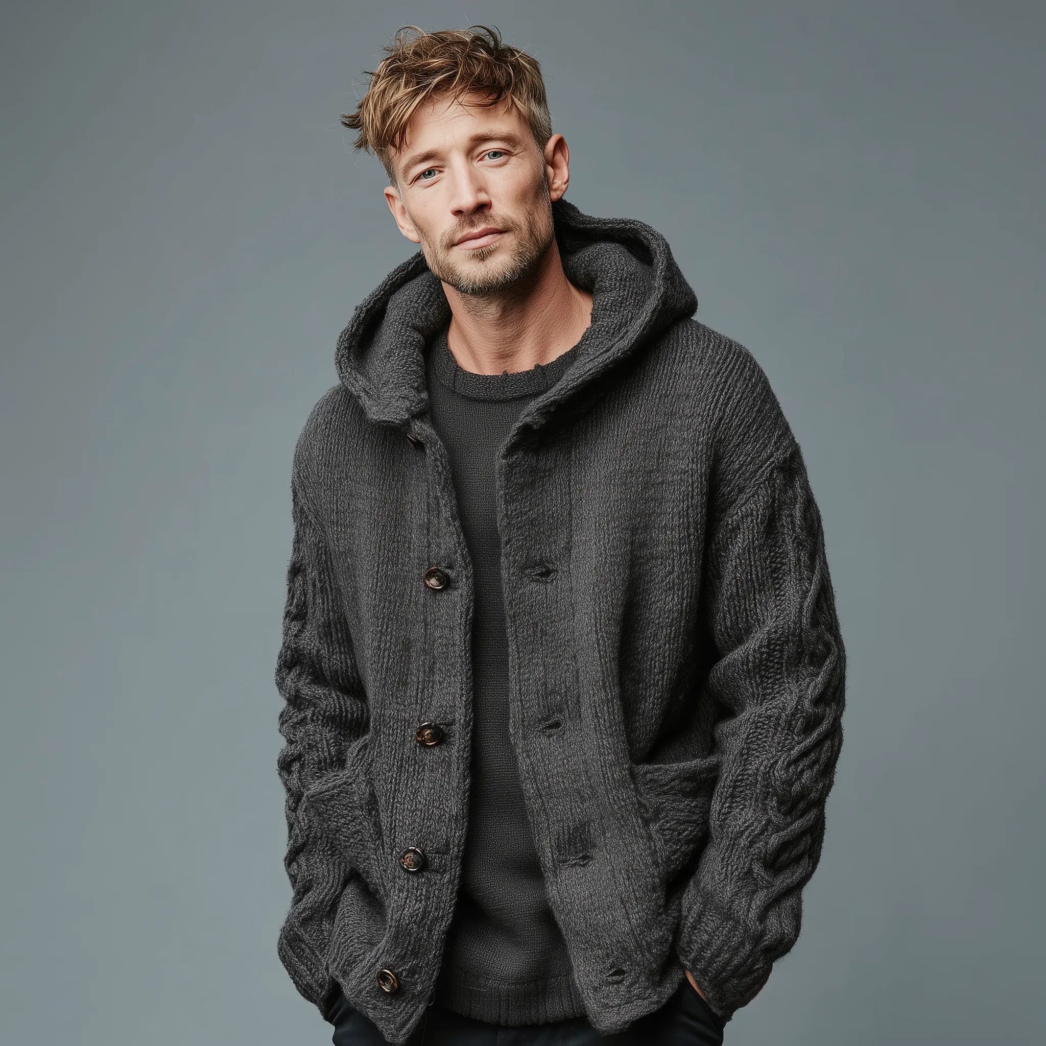 Men's Classic Casual Hooded Pocket Jacquard Knit Cardigan MTA2370I1K sold by Manly product image thumbnail 3