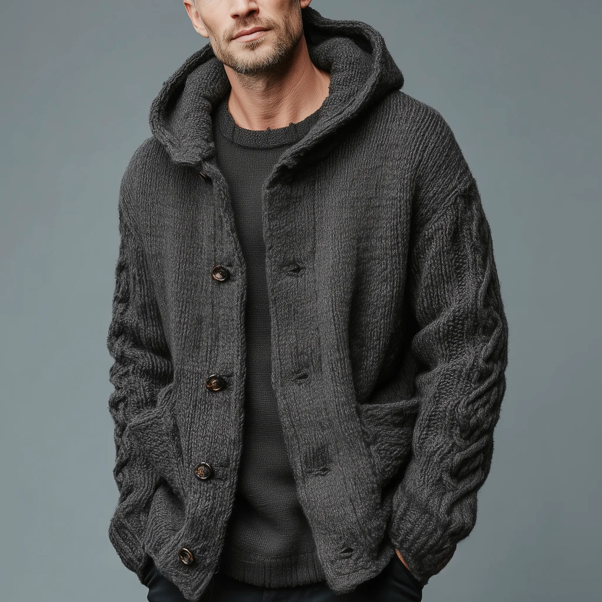 Men's Classic Casual Hooded Pocket Jacquard Knit Cardigan MTA2370I1K sold by Manly product image thumbnail 2
