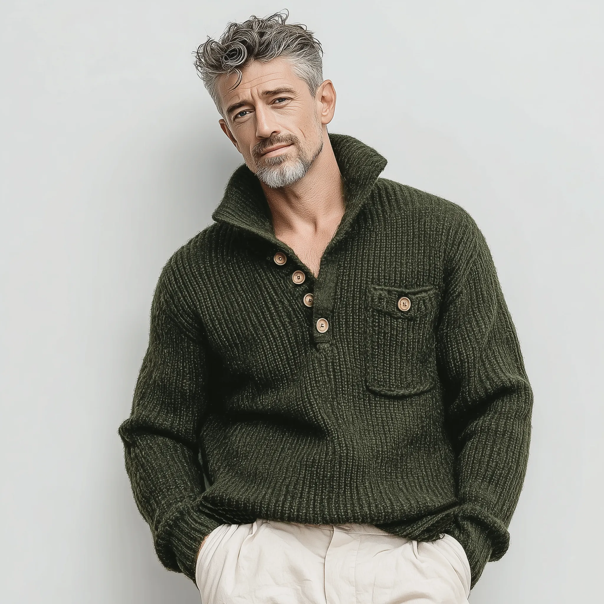 Men's Classic Casual Stand Collar Button Loose Sweater MTA2688I3K sold by Manly product image thumbnail 3