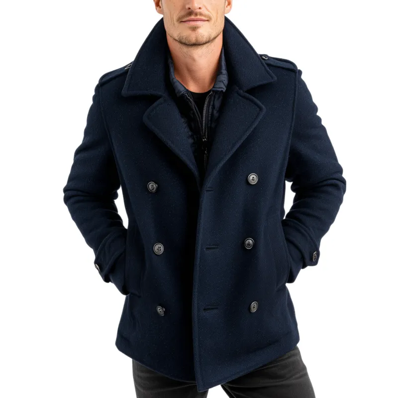 Men's Classic Retro Lapel Navy Blue Double-breasted Faux Woolen Short Coat MTA2644I9K sold by Manly