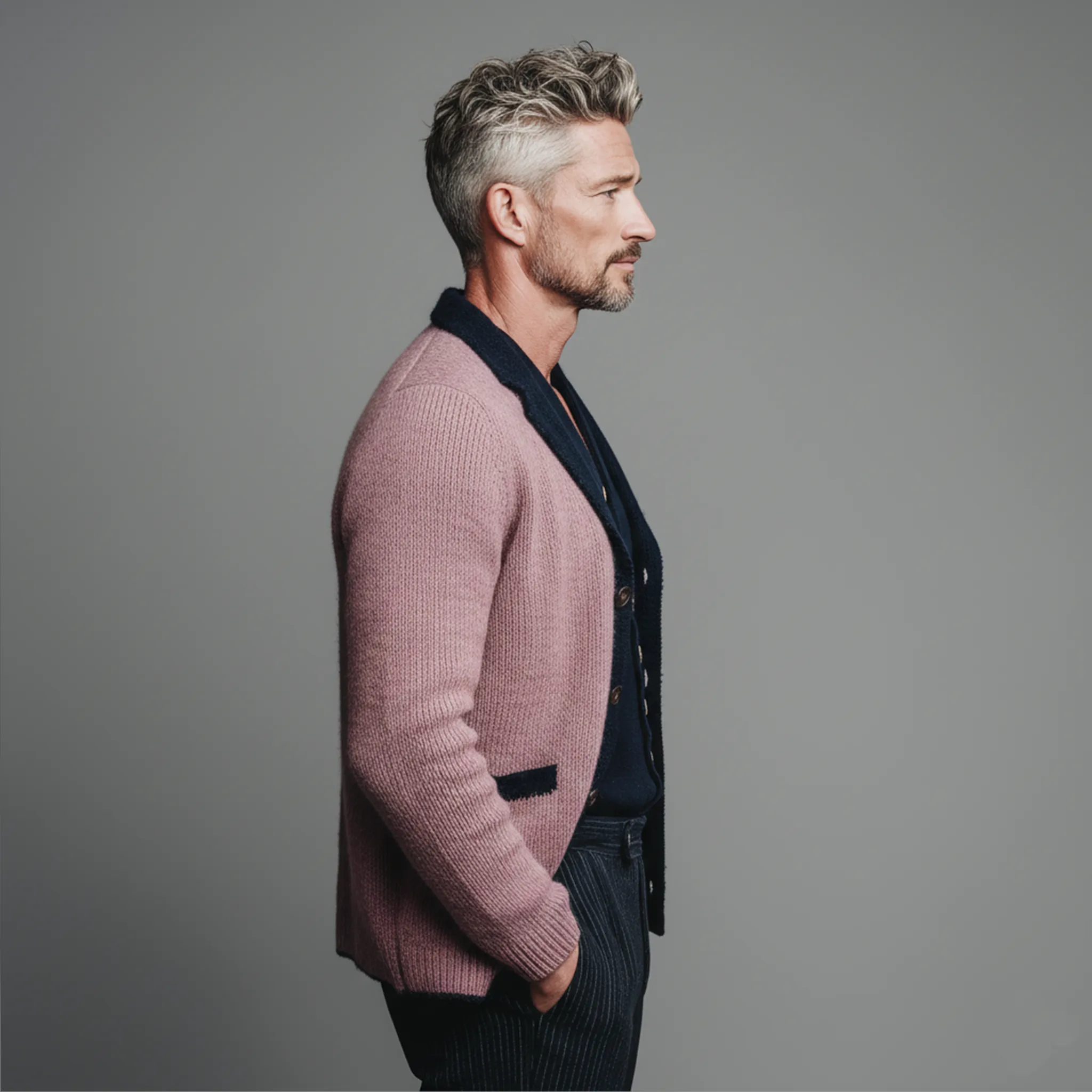 Men's Classic Casual Lapel Pink And Navy Blue Knitted Cardigan MTA2618I0K sold by Manly product image thumbnail 5