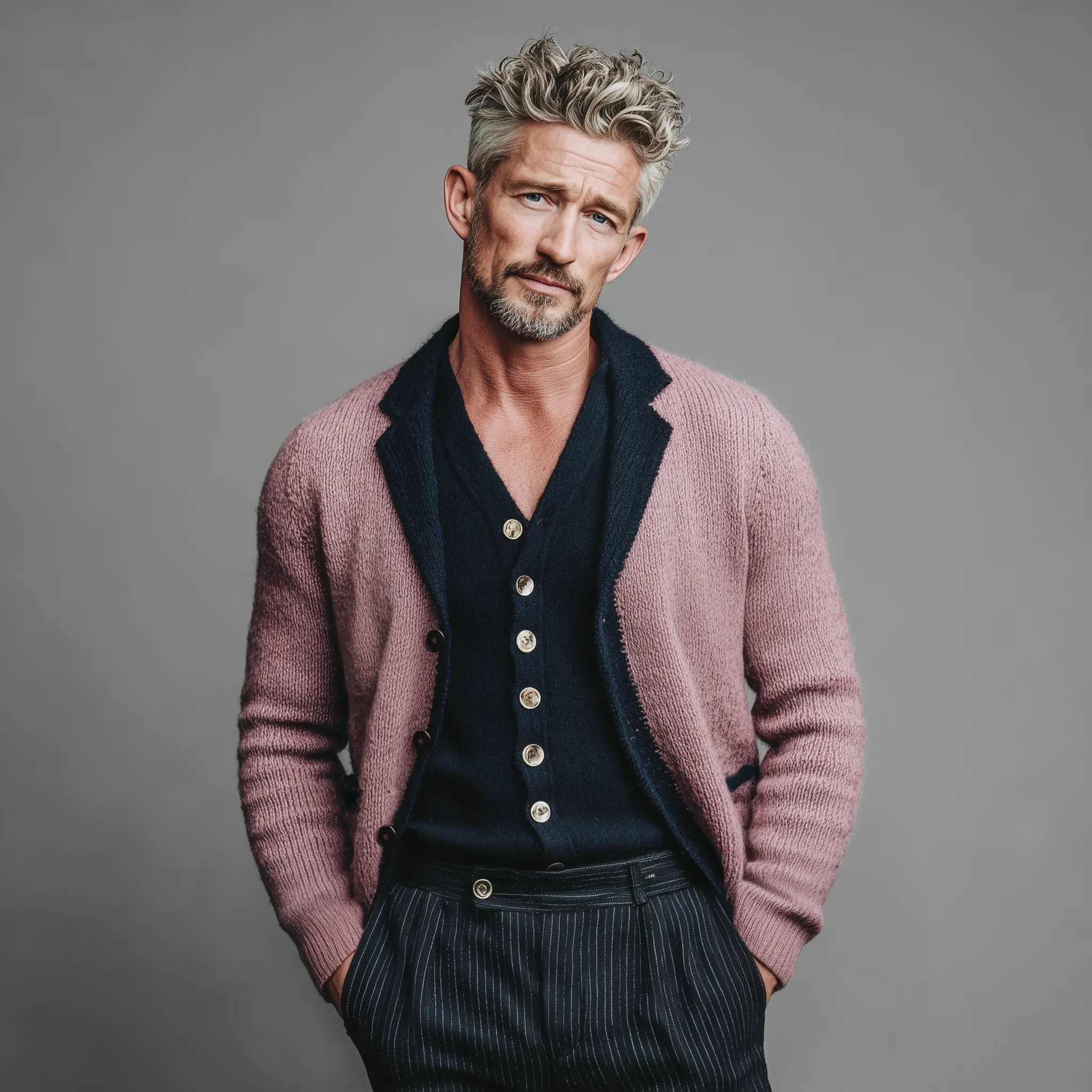 Men's Classic Casual Lapel Pink And Navy Blue Knitted Cardigan MTA2618I0K sold by Manly product image thumbnail 3