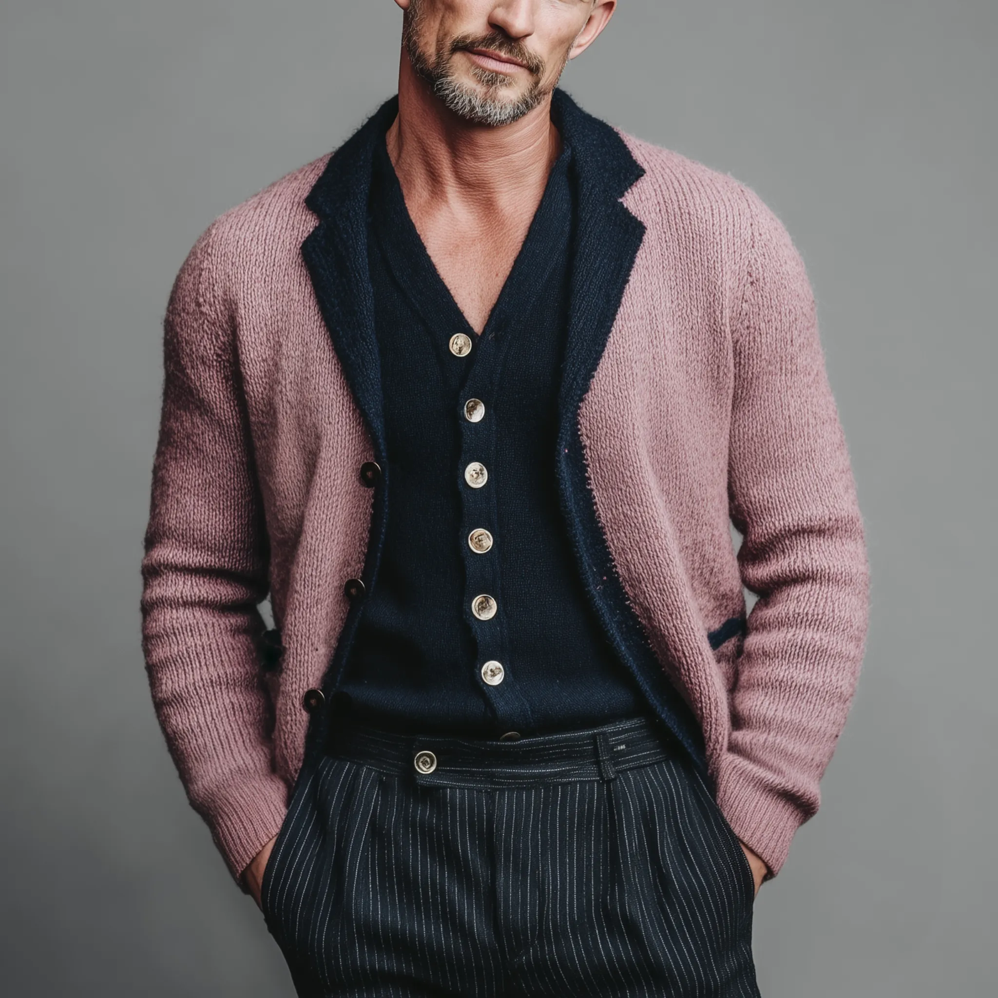 Men's Classic Casual Lapel Pink And Navy Blue Knitted Cardigan MTA2618I0K sold by Manly product image thumbnail 2