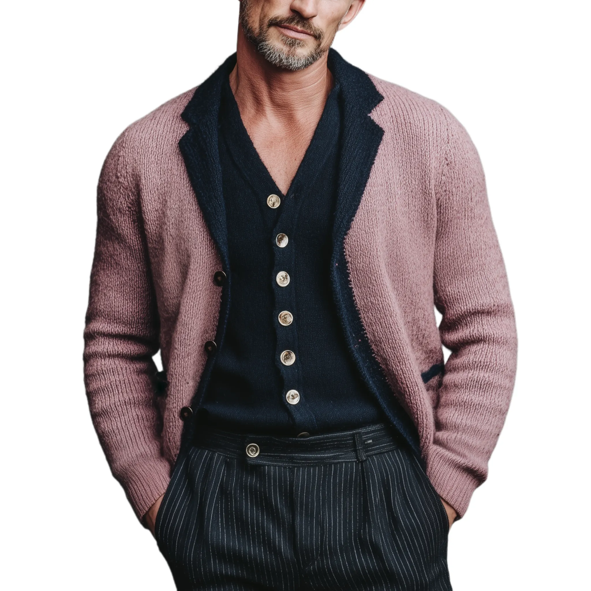 Men's Classic Casual Lapel Pink And Navy Blue Knitted Cardigan MTA2618I0K sold by Manly
