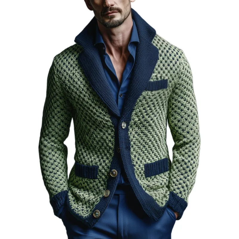 Men's Classic Casual Lapel Green And Navy Blue Slim Jacquard Knit Cardigan MTA2659I6K sold by Manly