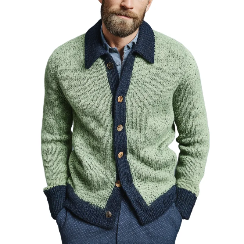 Men's Classic Casual Lapel Green And Navy Blue Knitted Cardigan MTA2669I3K sold by Manly