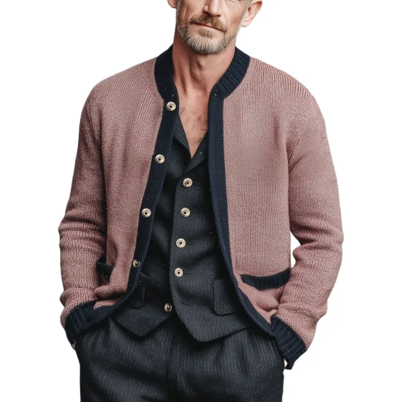 Men's Classic Casual Pink And Navy Blue Knitted Cardigan MTA2660I0K sold by Manly
