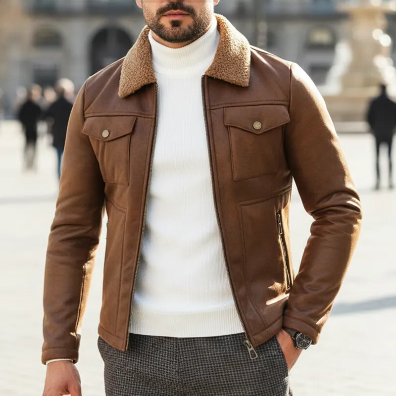 Men's Classic PU Leather And Faux Fur Collar Zip-up Jacket MTA2362I7U sold by Manly product image thumbnail 2