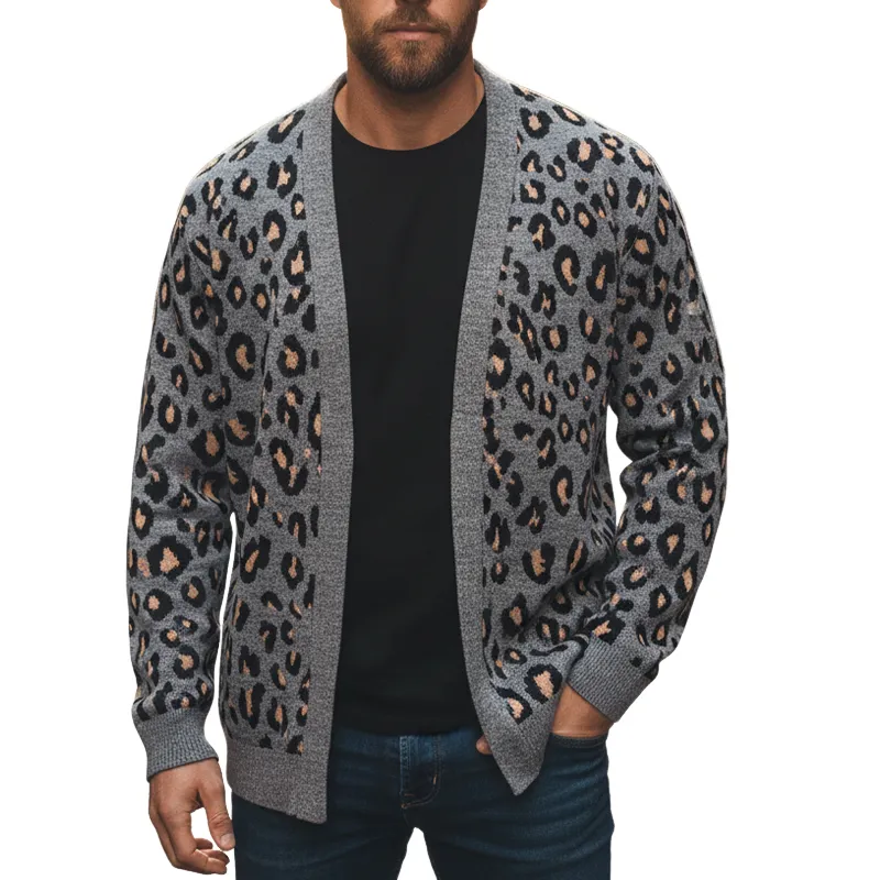 Men's Leopard Jacquard Knit V-Neck Cardigan MTA2686I0X sold by Manly