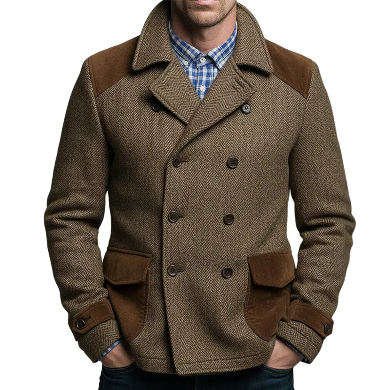 Men's Retro Casual Herringbone Pattern Double Breasted Lapel Jacket MTA2508I5TO sold by Manly