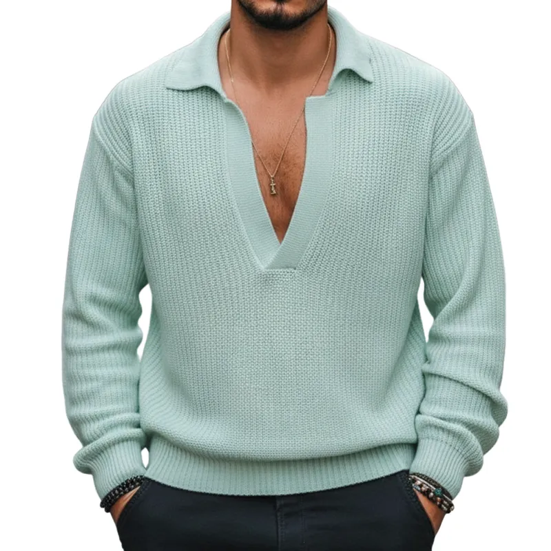 Men's Retro Casual Solid Color Knitted Lapel Pullover Sweater MTA2458I8TO sold by Manly
