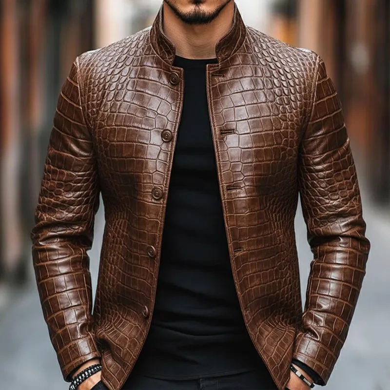 Men's Vintage Casual Crocodile Print Faux Leather Stand Collar Jacket MTA2443I5TO sold by Manly product image thumbnail 2