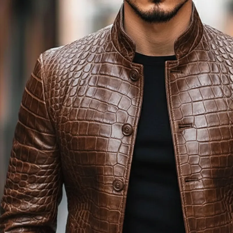 Men's Vintage Casual Crocodile Print Faux Leather Stand Collar Jacket MTA2443I5TO sold by Manly product image thumbnail 3