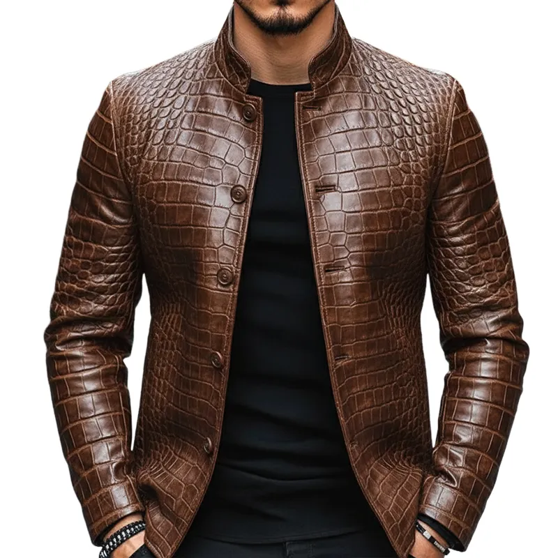 Men's Vintage Casual Crocodile Print Faux Leather Stand Collar Jacket MTA2443I5TO sold by Manly