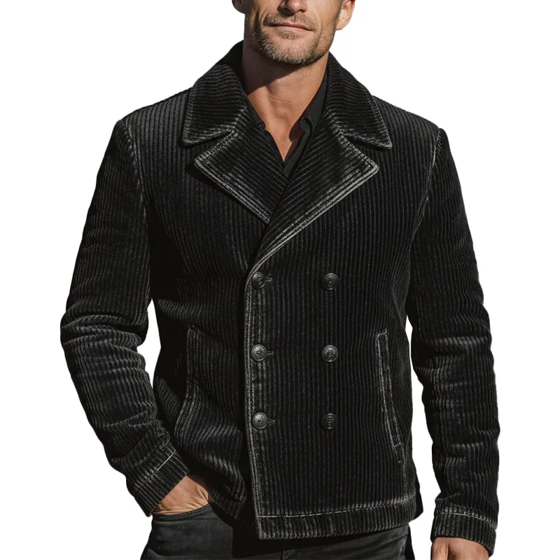 Men's Winter Fashion Corduroy Washed Distressed Double-breasted Lapel Jacket MTA2584I7P sold by Manly