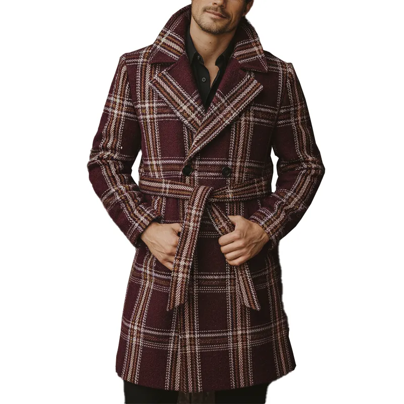 Men's Winter Fashion Plaid Faux Wool Double-Breasted Lapel Mid-Length Coat (Including Belt) MTA2550I3P sold by Manly