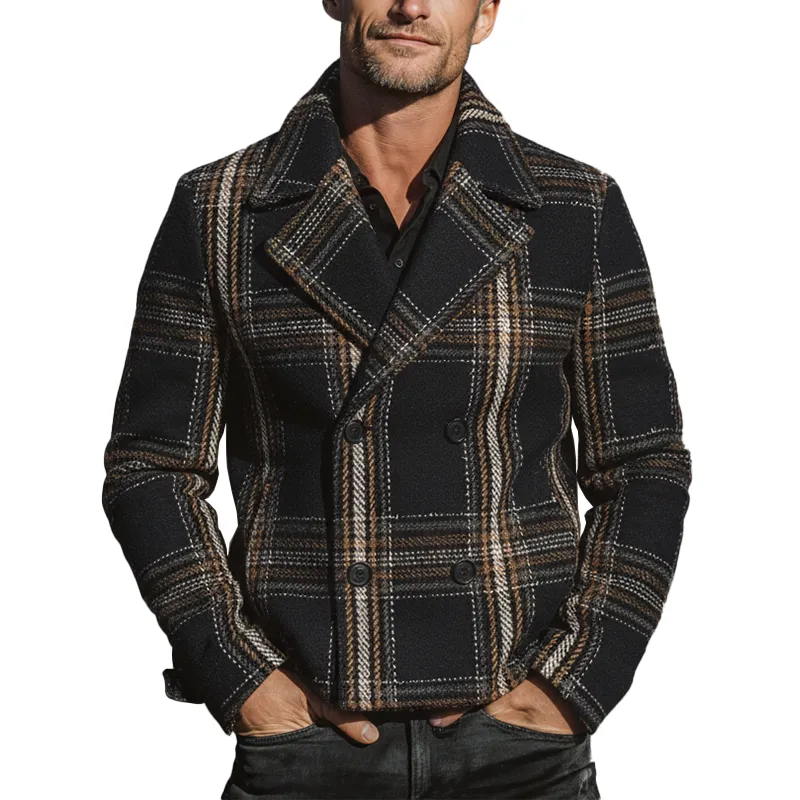 Men's Winter Fashion Plaid Faux Wool Double-breasted Short Lapel Coat MTA2556I7P sold by Manly