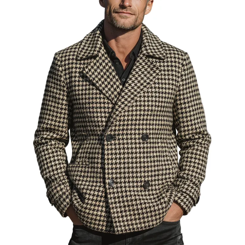 Men's Winter Fashion Houndstooth Imitation Wool Double-breasted Lapel Short Coat MTA2665I6P sold by Manly