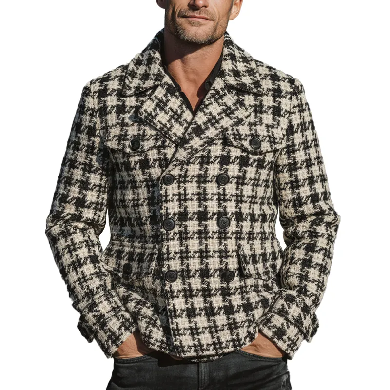 Men's Winter Fashion Plaid Tweed Double-breasted Lapel Short Coat MTA2687I4P sold by Manly